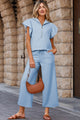 Beau Blue Textured Ruffled Sleeve Zipped Top and Wide Leg Pants Set