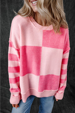 Maglione a strisce a scacchi rosa a scacchi