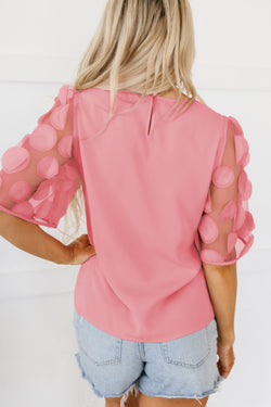Blusa de media manga de malla de aplicado de contraste rosado polvoriento