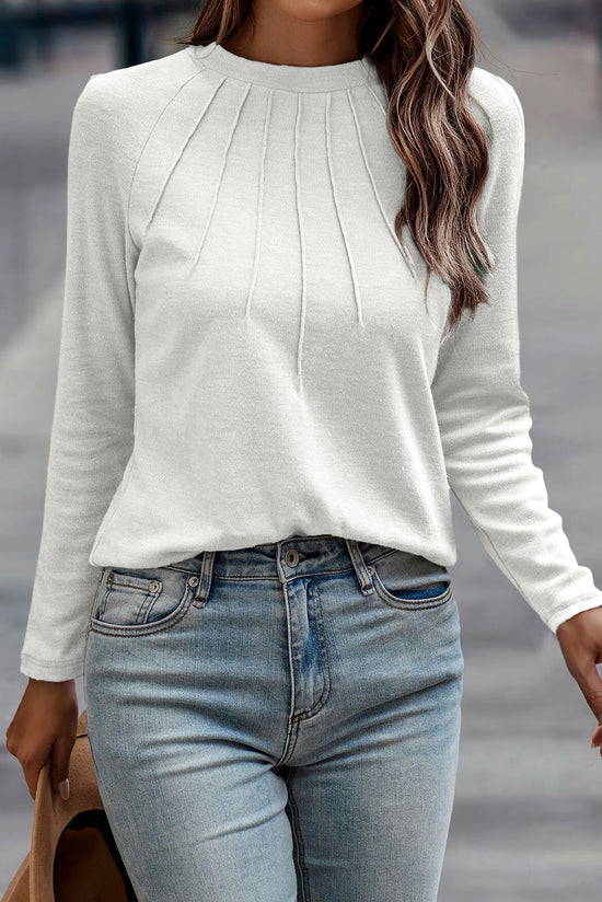 Couleur de couleur unie blanche détaillé Raglan Top à manches longues
