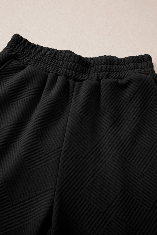 Black Solid Textured Collared V Neck Top and Wide Leg Pants Set