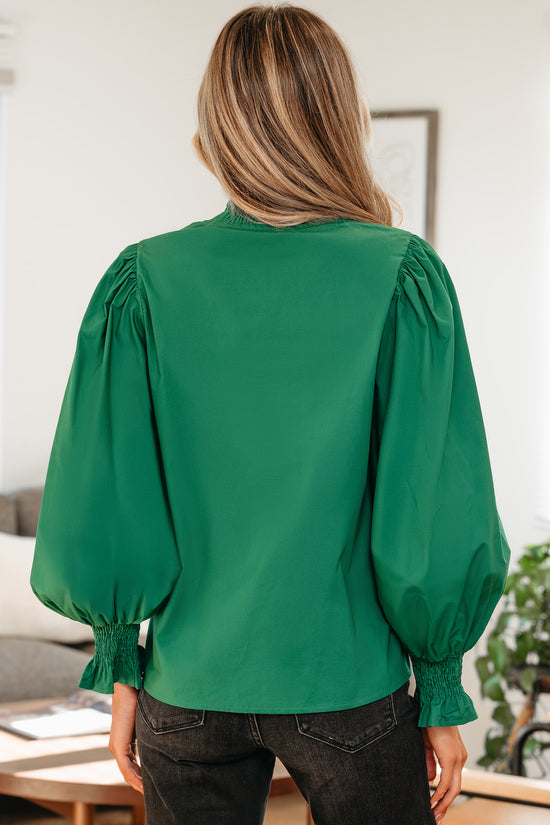 Black Puffy Flounce Sleeve Leopard Trim V Neck Blouse