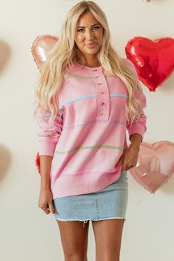 Stripe arcobaleno rosa calare la spalla larghi maglione Henley