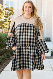 Black Plaid Waffle Knit Patchwork Collared V Neck Plus Size Mini Dress