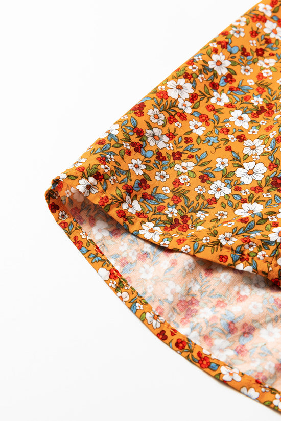 Orange Boho Floral Ruffled Bubble Sleeve V Neck Fall Blouse