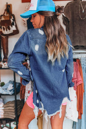 Chaqueta de mezclilla larga desgastada de la luz azul cielo