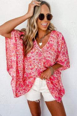 Blusa in stile Kimono rosa floreale a V.