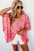 Blusa in stile Kimono rosa floreale a V.