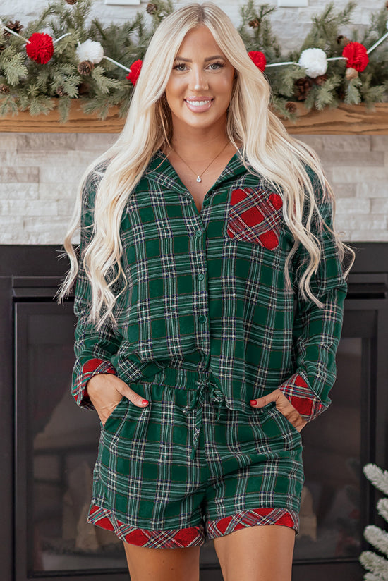 Dearlovers Red Plaid Contrast Patched Christmas Holiday Long Sleeve Shirt and Short 2pcs Pajama Set