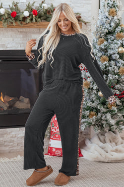 Texture a costola con grigio in carbonio Dettagli patchwork leopardo 2pcs set di pantaloni