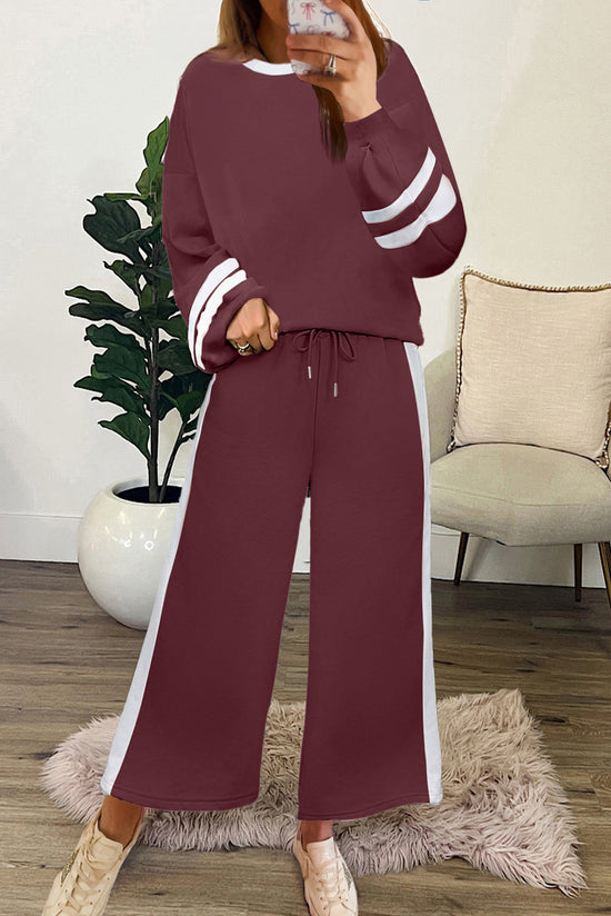Ensemble pantalon et pull à manches bouffantes en patchwork à rayures universitaires rouge minéral avec cordon de serrage et pantalon à jambes larges