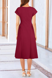 Red Dahlia Solid Color V Neck Pleated Flared Midi Dress