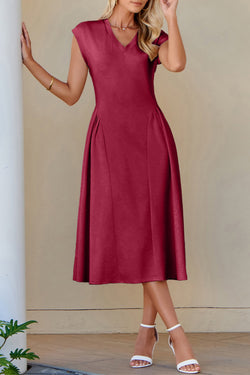 Red Dahlia Solid Color V Neck Pleated Flared Midi Dress