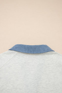Light Grey Denim Patchwork Buttoned Polo Collar Long Sleeve Top