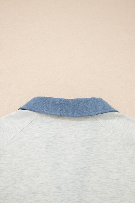 Light Grey Denim Patchwork Buttoned Polo Collar Long Sleeve Top