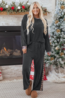 Texture a costola con grigio in carbonio Dettagli patchwork leopardo 2pcs set di pantaloni