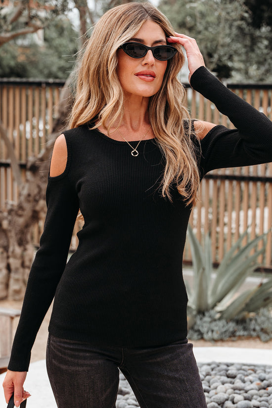 Maglione di spalla fredda a costola nera