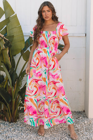 Absero a manicotto arruffato con stampa rosa Maxi vestito busto