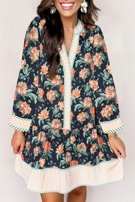 Mini-robe à imprimé floral et bordure rayée, col en V, manches longues, ourlet à volants, bleu