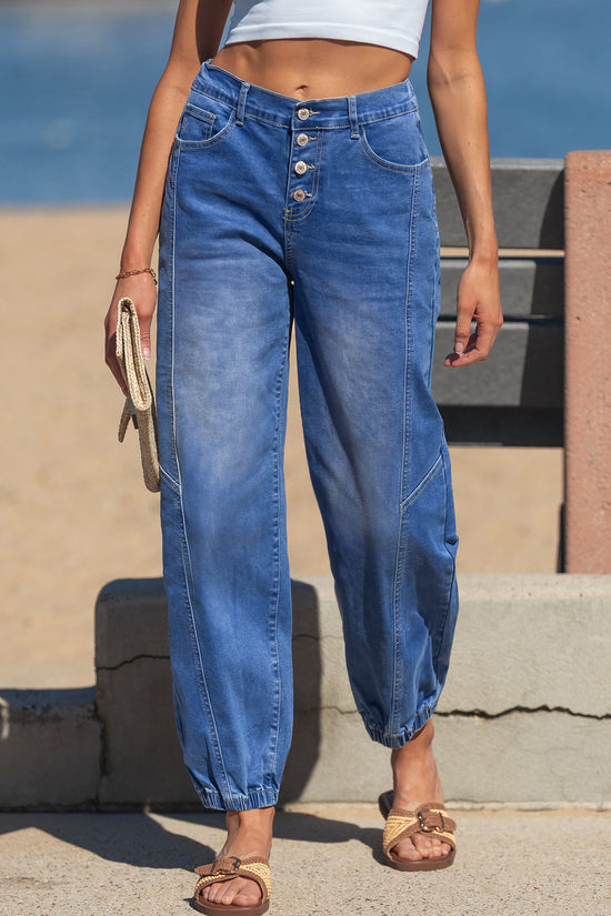 Blue 4 Buttons Front Tapered Casual Loose Fit Jeans