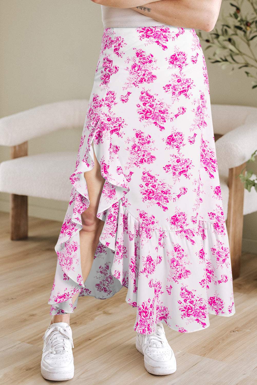Sky Blue Boho Floral High Winist Ruffle Split Maxi falda