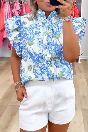 Camisa de botão com manga de manga floral azul azul azul -céu