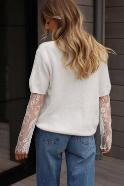 Significa per patchwork a manica in pizzo beige finto maglione fuzzy