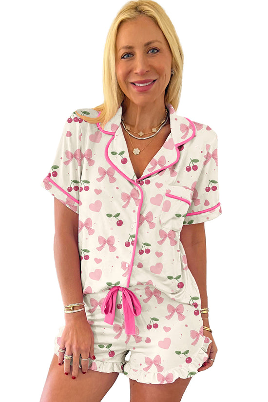 Floral Print Contrast Pipping Short Pajamas Set