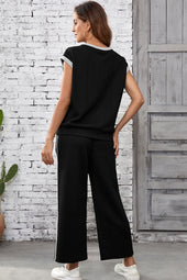 Black Cable Knit Contrast Trim Short Sleeve Top and Pants Set