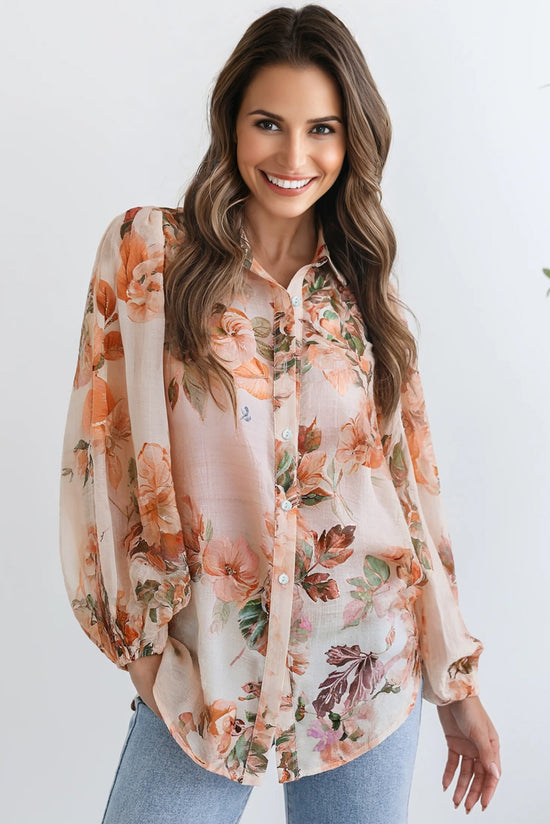 Camisa ligera con mangas abullonadas y estampado floral naranja