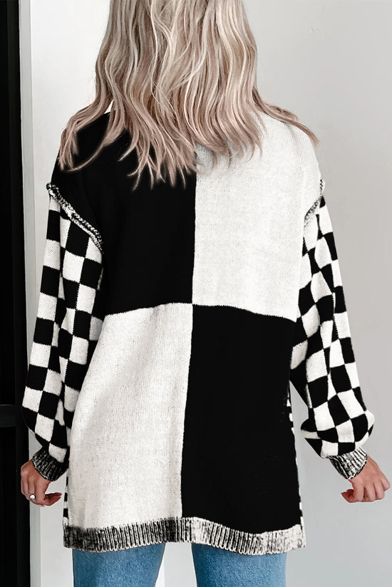Cardigan con spalla con goccia anteriore a scacchi neri a scacchi