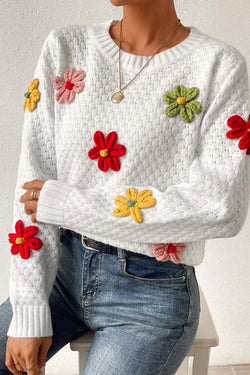 Applique de flor colorida branca suéter de malha texturizada
