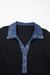 Black Waffle Knit Denim Contrast Trim Patchwork Button Polo Collar Top