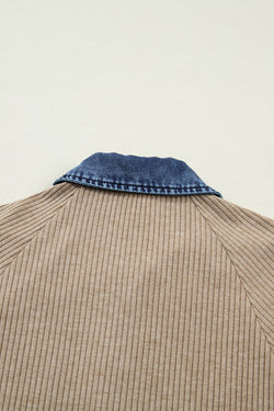 Beige Ribbed Knit Denim Patchwork Button Polo Collar Cuffed Long Sleeve Top