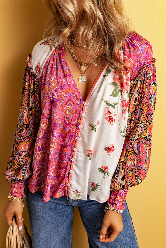 Cuppa abbottonata con patchwork floreale multicolore rosa