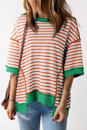 Stripe arancione Tasco di contrasto di grandi dimensioni Shirt a bassa cucitura esposta