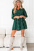 Blackish Green Embroidered Eyelet Pattern 3/4 Puffy Sleeve Swing Mini Dress
