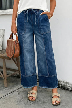 Prussian Blue Drawstring Seam Detail Raw Hem Wide Leg Denim Pants
