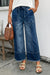 Prussian Blue Drawstring Seam Detail Raw Hem Wide Leg Denim Pants