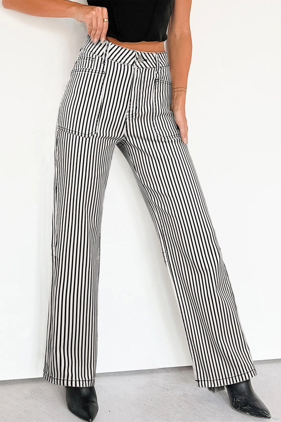 Jean en denim droit taille haute à rayures et poches plaquées noir