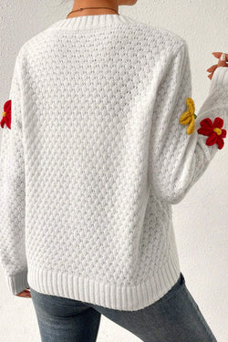 Applique de flor colorida branca suéter de malha texturizada
