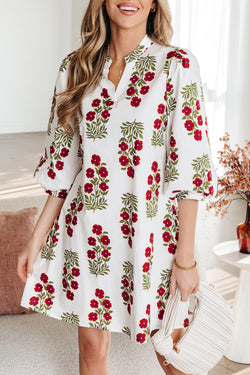 White Floral Print V Neck 3/4 Sleeve Loose Mini Dress