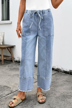Prussian Blue Drawstring Seam Detail Raw Hem Wide Leg Denim Pants