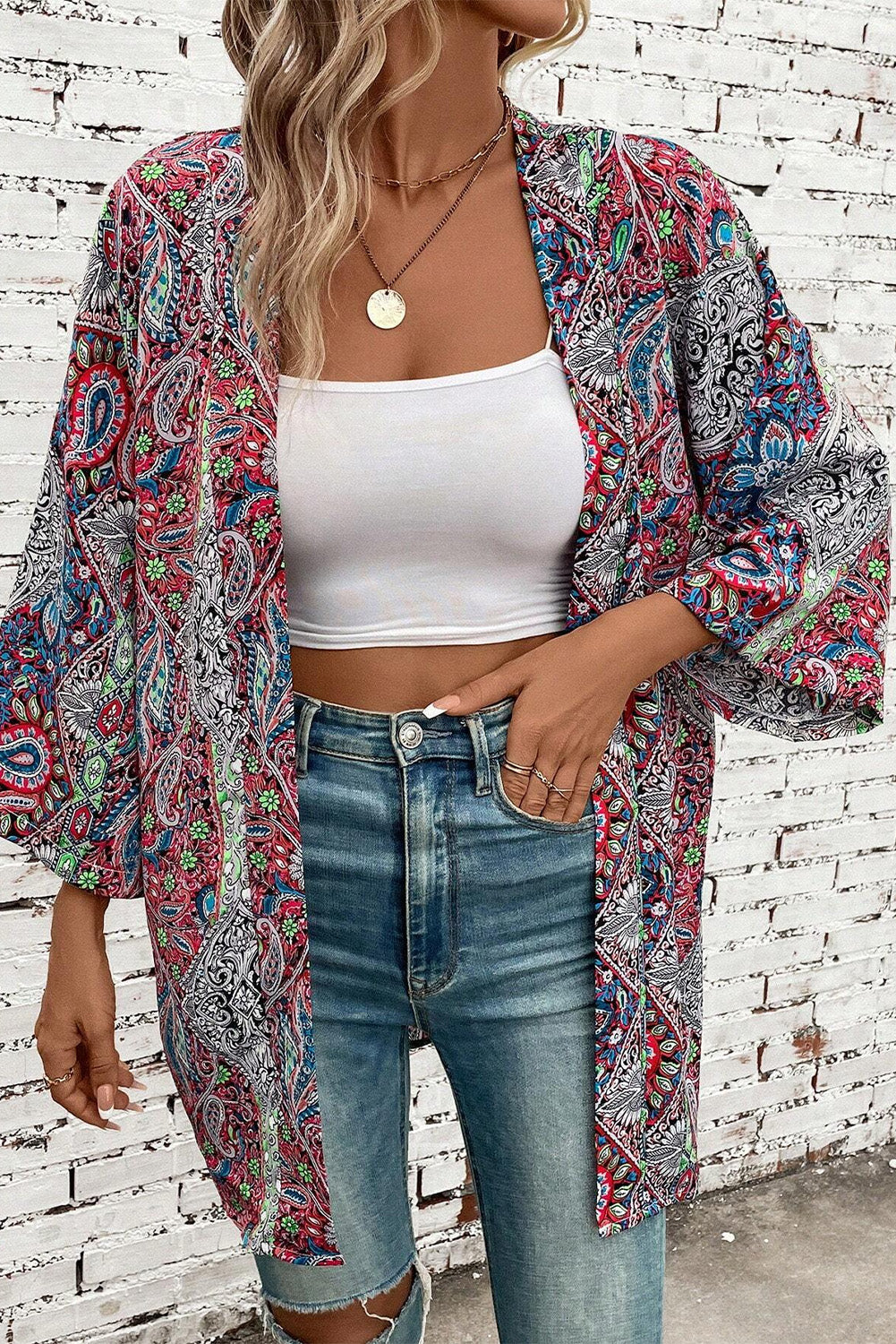 Red Paisley Impresión abierta Kimono