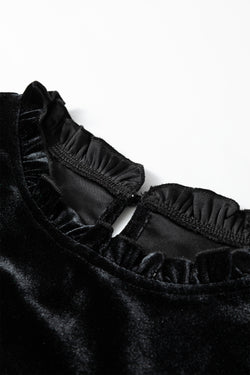 Black Frilled Collared Smocked Cuffs Puff Sleeve Velvet Blouse