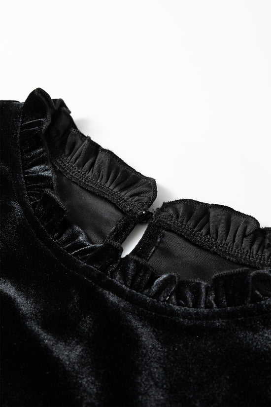 Black Frilled Collared Smocked Cuffs Puff Sleeve Velvet Blouse