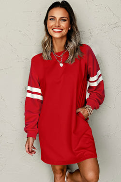 Fiery Red Varsity Contrast Banded Sleeve Shift Sweatshirt Dress