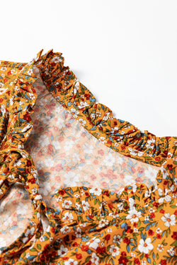 Camicetta autunnale con scollo a V e maniche a palloncino con volant floreale arancione Boho