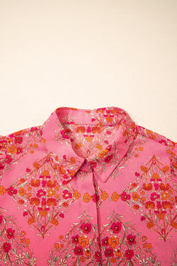 Stampa floreale rosso rosa a manica corta camicia sciolta