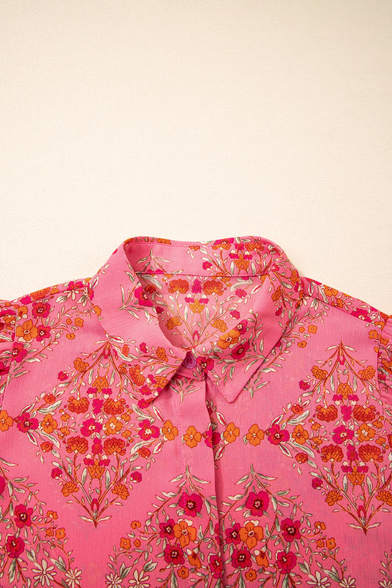 Stampa floreale rosso rosa a manica corta camicia sciolta